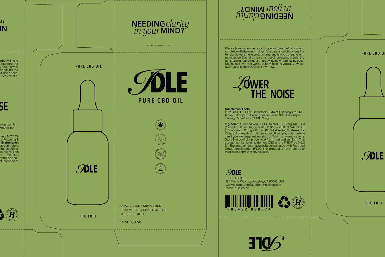 IDLE CBD Oil — the packaging, flat