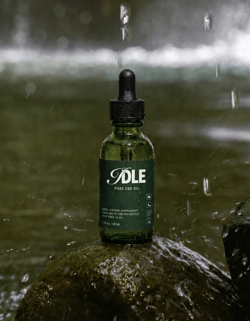 IDLE CBD Oil — the bottle on the rock